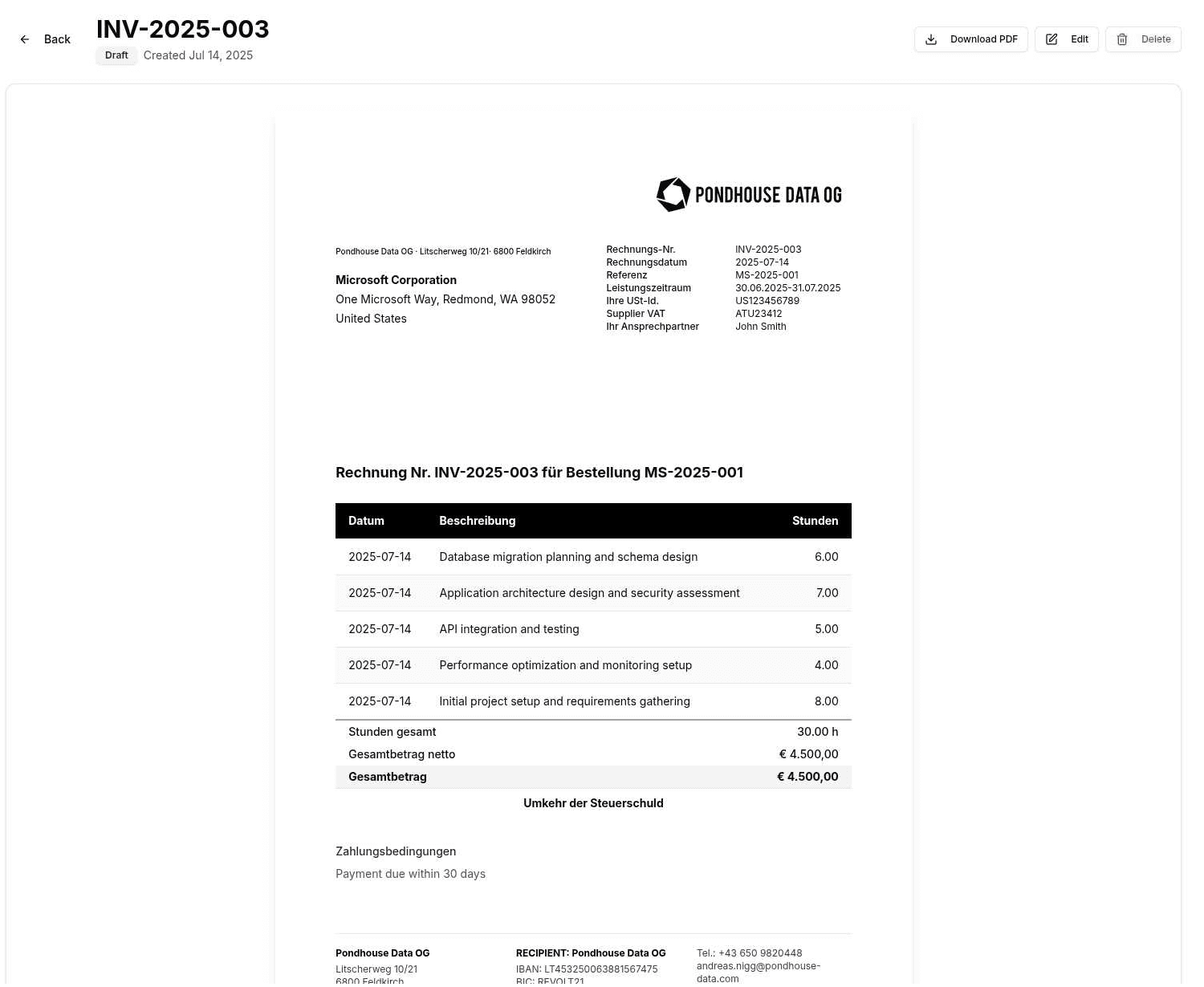 Invoice Generation Screenshot